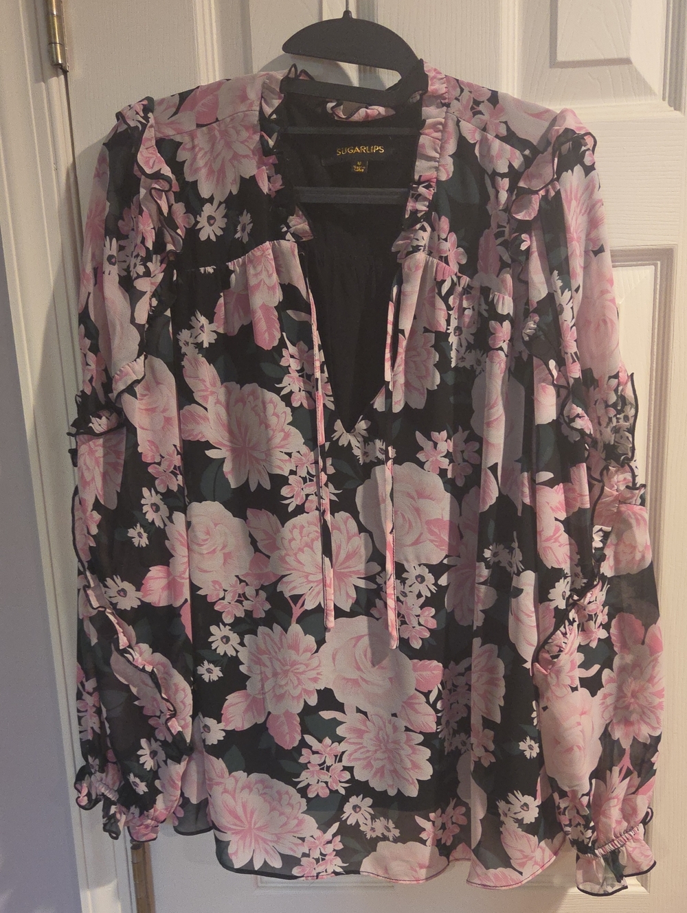 Sugarlips Black and Pink Floral Ruffle Tie-Neck Blouse Sz MED. No Stains